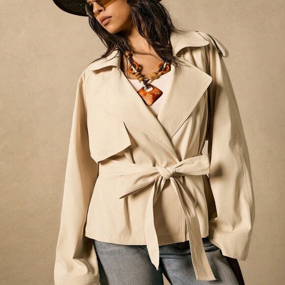 Apricot Casual Women's Minimalist Tie-Up Loose Short Trench Coat - Picture 7 of 7